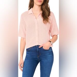 (EUC)Halogen 100% Cotton Short Sleeve Collar Cardigan dainty pale  Pink XXS